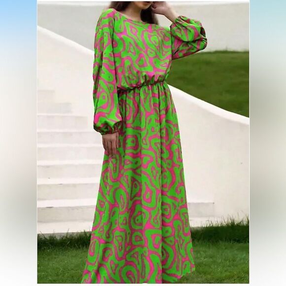 Printed Lantern Long Sleeve Loose Maxi Dress Vibrant Green Pink Size XXL - Picture 1 of 13